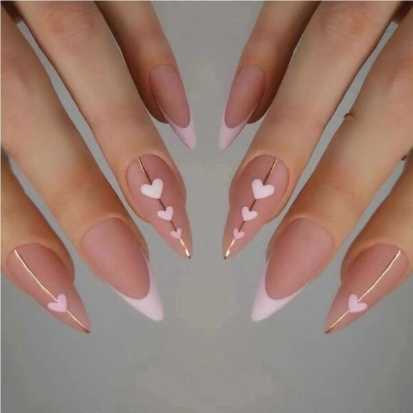 Medium Almond Press On Nails Pink French Heart Matte Solid Gel Valentine's Day Fake Nails 24pcs