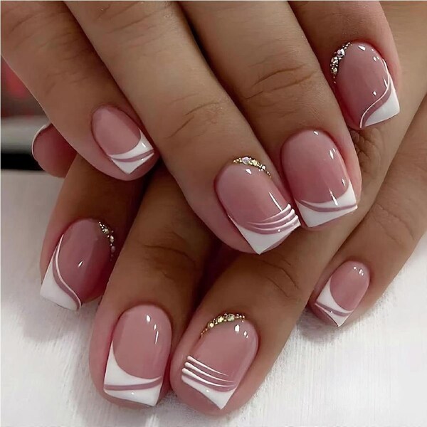 Short Square French Tip Press On Nails Pink Nude Acrylic with Rhinestones 24pcs Glue On Fake Nails for Women