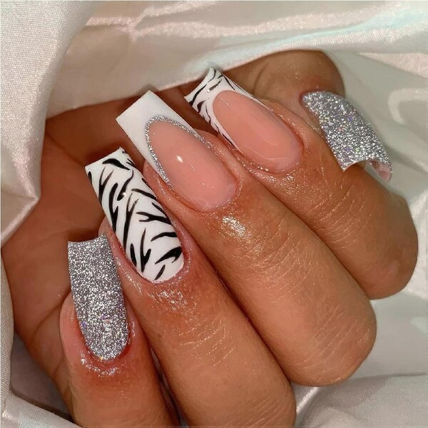 Medium Coffin Press on Nails Zebra Design 24pcs Acrylic Fake Nails for Women Easy Application