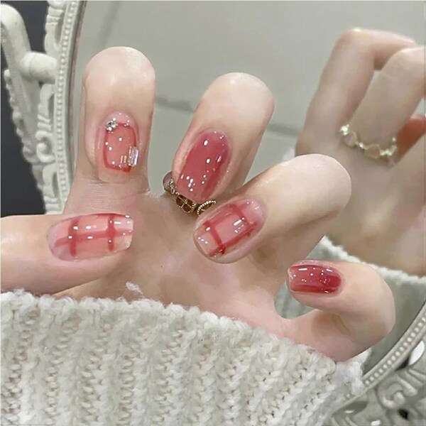 Press on Nails Square Short Glossy Acrylic False Nails with Glue, 24pcs Reusable Set for Women