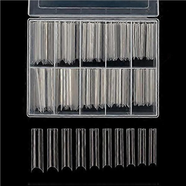 200 Extra Long Square False Nail Tips, Clear C Curve Acrylic, Full Size Range, with Case