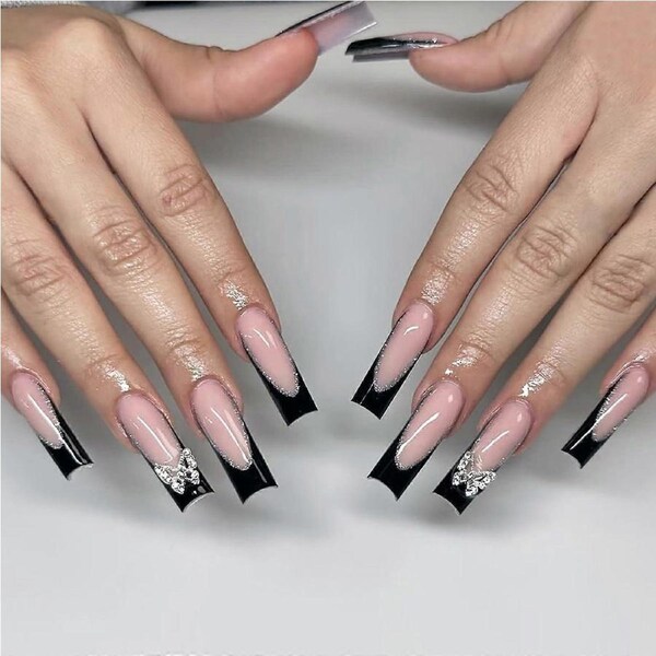 Long Square Press On Nails Black French Tip with Glitter Butterfly Design Reusable Fake Nails 24Pcs