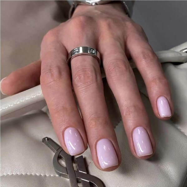 Short Square Press On Nails Light Purple Glossy Fake Nails with Glue 24pcs Acrylic Set
