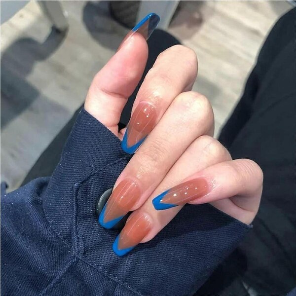 Extra Long Blue Press on Nails 24pcs French Style Acrylic False Nails Full Cover Salon Look