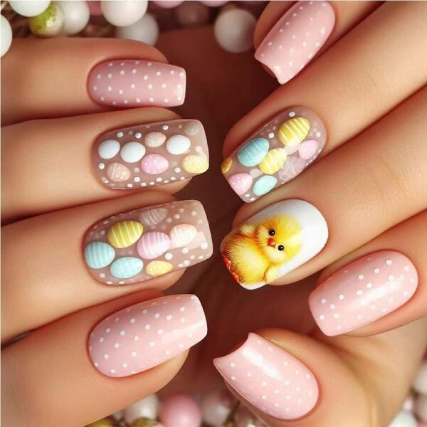 24pcs Short Square Press On Nails with Playful Chick Design, False Nails for Instant Salon Manicure