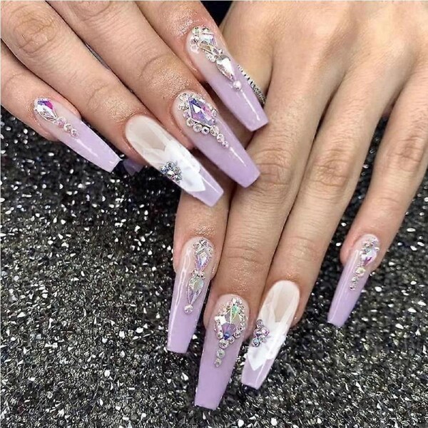 Long Coffin Press On Nails with Rhinestones Purple Ombre Ballerina Fake Nails Kit Reusable Acrylic