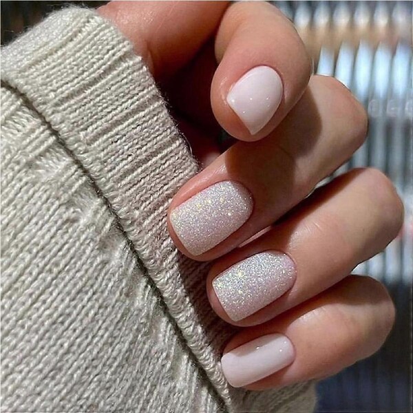 24 Pcs Short Square Press on Nails Pink Acrylic Shimmer Fake Nails with Glue Multiple Sizes