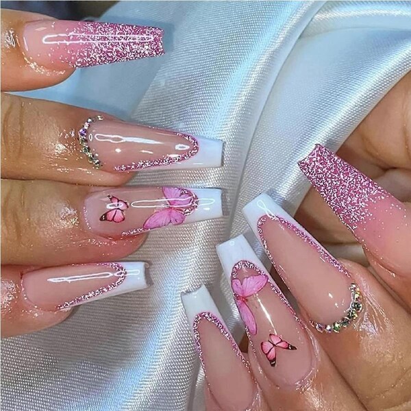 24 Pcs Long French Tip Press on Nails with Pink Butterfly Glitter, Reusable Glue on Acrylic Nails