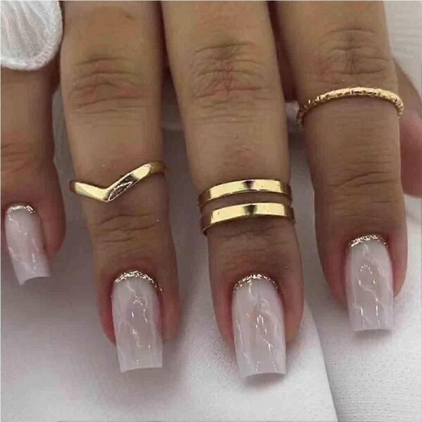Short Square Press on Nails Glossy Pink White Fake Nails with Glitter Full Cover Acrylic Set 24Pcs