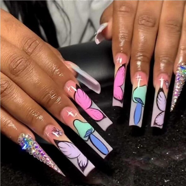 Long Coffin and Stiletto Press On Nails with Glitter Rhinestones Butterfly Design for Women 24pcs