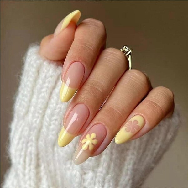 Long Almond Press On Nails Yellow Daisy French Fake Nails with Glue, Chip?Resistant, Waterproof