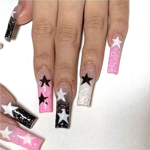 Long Square Press On Nails Pink Black White Star Design Fake Nails Easy GlueOn Full Cover