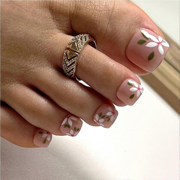 Press on Toenails with Cute Flower Design, Glossy Short Fake Acrylic Full Cover Set for Women 24Pcs