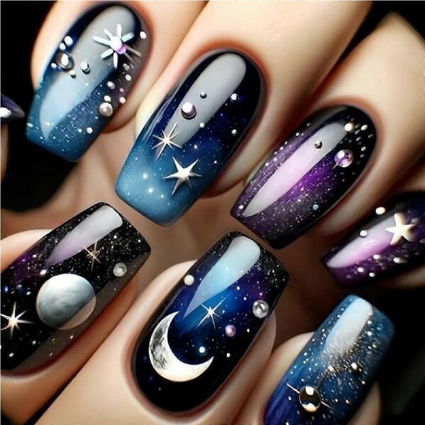24 Pcs Medium Ballet Press on Nails Acrylic Art Kit with Glue Gradient Blue Fake Nails