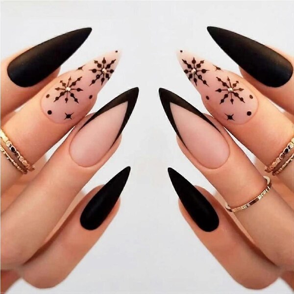 French Matte Almond Press On Nails with Diamond Snowflake Design, 24PCS Reusable False Nails