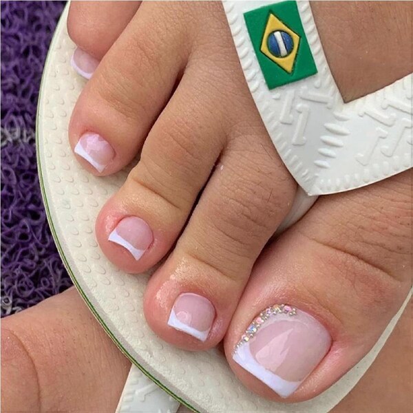 French Tip Press on Toenails Pink Square Fake Toenails with Rhinestones Reusable Acrylic Glue