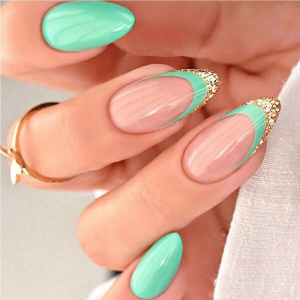 Almond Shape Press On Nails Medium Length Fake Nails for Women French Green AllinOne Kit