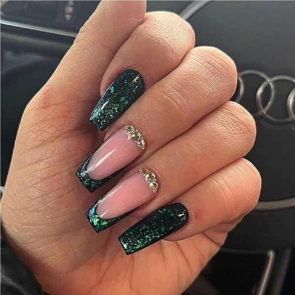 Long Coffin French Tip Press On Nails Dark Green Glitter Rhinestone Reusable Acrylic Set 24pcs