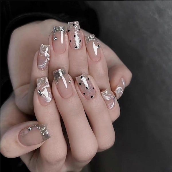 Press on Nails French Coffin Medium Fake Nails Glossy Retro Acrylic Stick on Nail Kit 24PCS