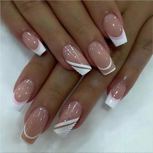 Square Short Press On Nails Nude Acrylic Fake Nails with Glossy White Tips, 24pcs Pink White