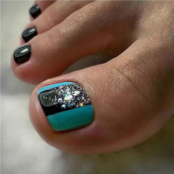 Press on Toenails Set with French Tips, 6 Unique Patterns, 11PCS Fake Toenails with Tools