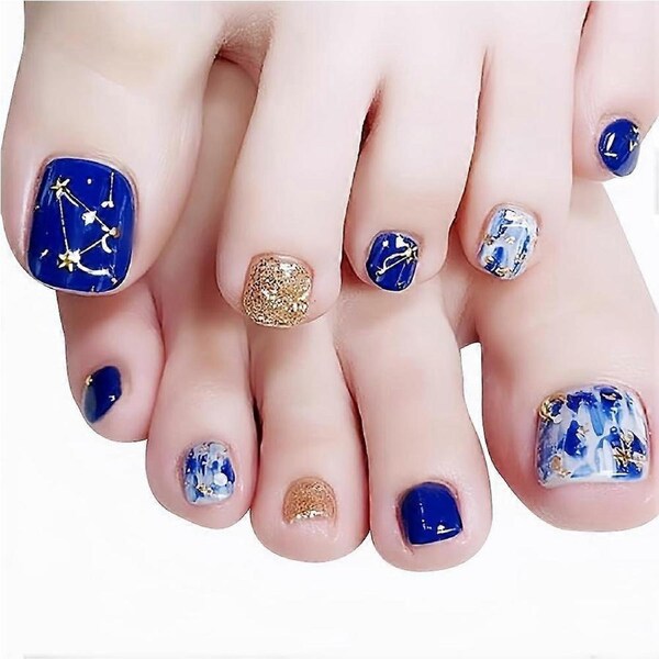 False Toenails Press On Short Full Cover Blue Glitter Reusable Set for Women Girls 24pcs