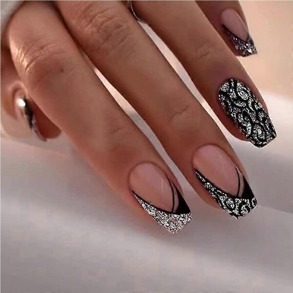 Leopard Print Press On Nails Black Glitter Glossy Acrylic Full Cover Fake Nails Set for Women