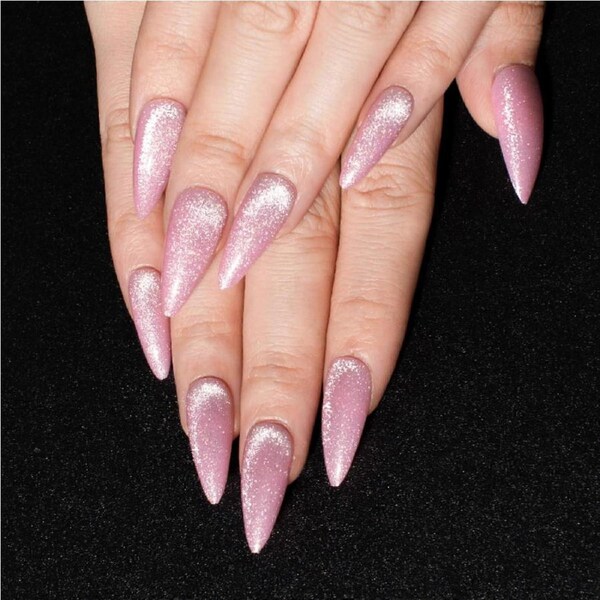 Pink Glitter Velvet Finish Medium Almond Press On Nails with Cat Eye Design, Reusable 24 Pcs Fake Nails for Women