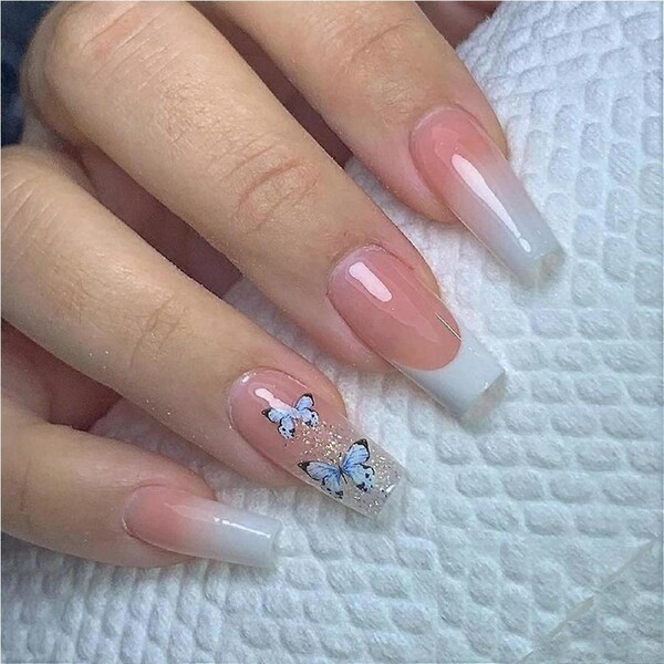 Glossy Butterfly Press On Nails Kawaii French Tip Short Coffin Fake Nails Reusable 24 Pcs