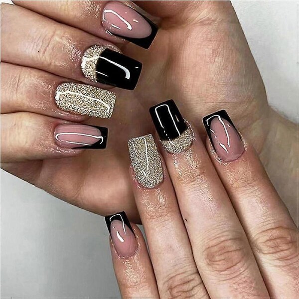 24pcs Black Press On Nails with Gold Glitter, Medium Square Acrylic Fake Nails Full Cover French Style