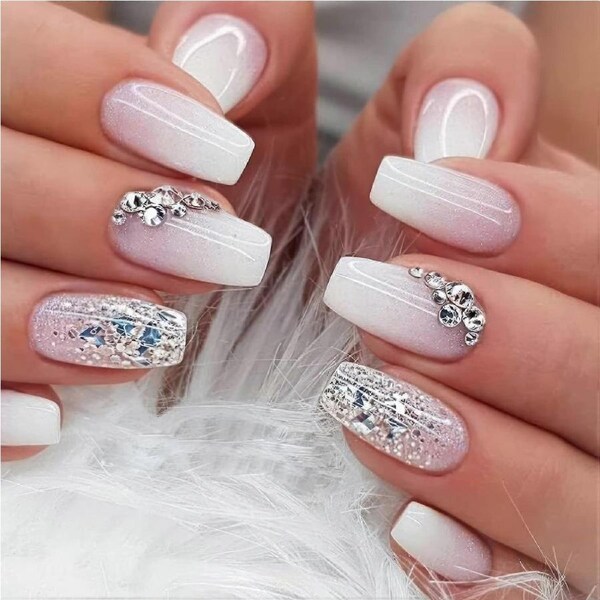 Press on Nails Kit with Glue Pink White Medium Fake Nails with Rhinestones LongLasting Reusable Design 24Pcs