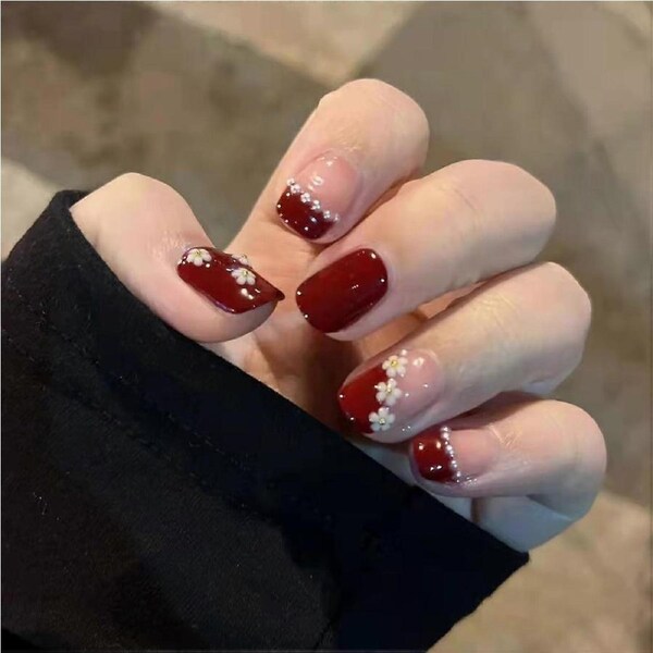 Short Square Press On Nails with Pearl Floral and French Red Accent, 24pcs Reusable Fake Nails