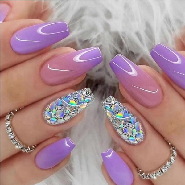 Press On Nails Medium Coffin Purple Gradient Glitter Glossy Acrylic False Nails with Glue
