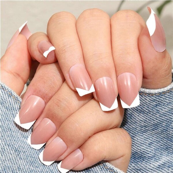 24pcs Short Square White French Press on Nails with Glue, Full Cover Fake Nails for Women and Girls