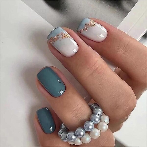 Reusable Press on Nails with Glue Blue Marble Gold Foil Short Square Fake Nails for Women 24Pcs