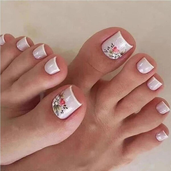 24pcs Fake Toenails for Women Peel and Stick Long Lasting Water Resistant Short Square Tips