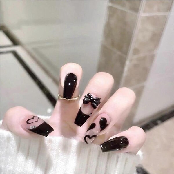 24pcs Black Coffin Press On Nails Set with Glue, Salon Quality False Nails, Heart Design