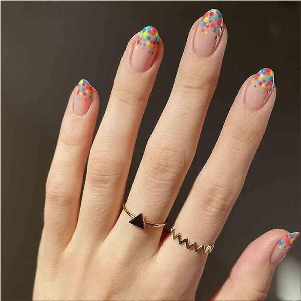 Almond Press on Nails Pink Medium Acrylic Fake Nails with Design for Women and Girls 24PCS