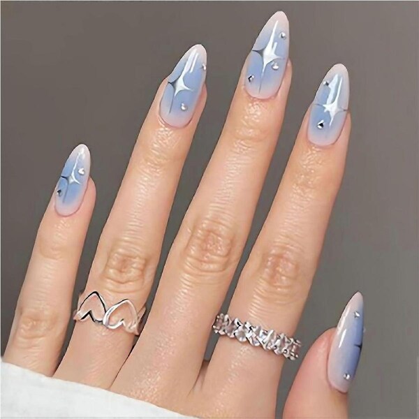 Press on Nails Almond Shape Glossy Blue Acrylic False Nails Medium Length Reusable Nail Tips 24Pcs