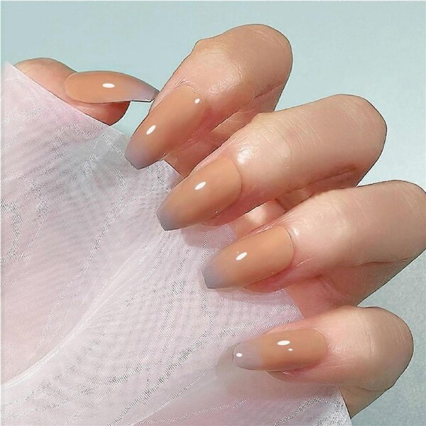 24pcs Long Coffin Press on Nails Set Khaki Gradient Fake Nails for Women Complete Size Range