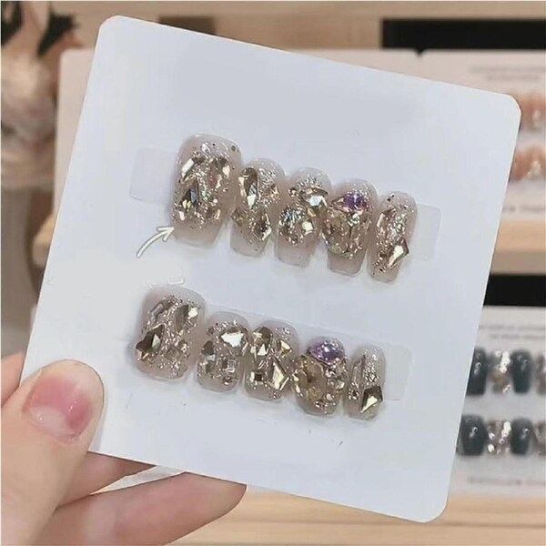 Handmade Glitter Diamond Coffin Press on Nails with Glue, SalonStyle Full Cover Nail Tips Set
