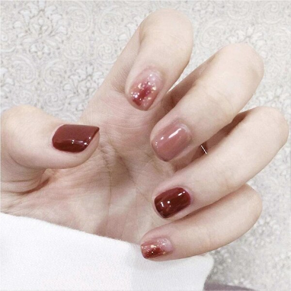 Red Glitter Press On Nails Short Square Acrylic Full Cover Fake Nails Set for Women 24PCS