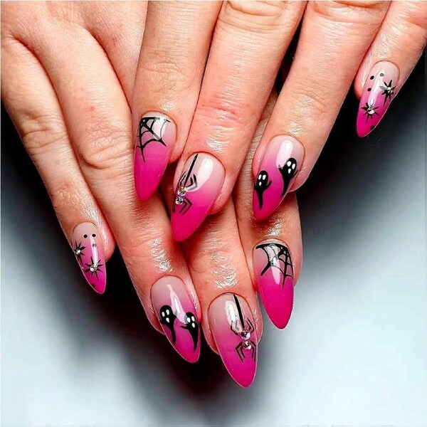 Halloween Press On Nails Almond Fake Nails with Designs Pink Ghost Spider Web 24pcs Reusable Set