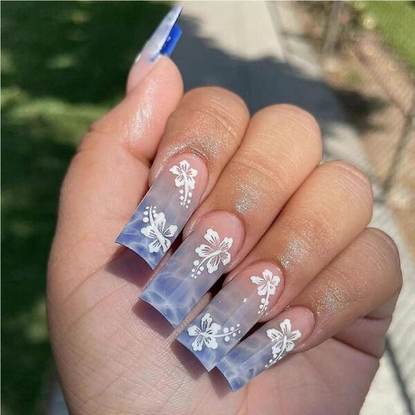 Long Square Press On Nails with White Floral Design, Reusable Summer Fake Nails with Jelly Glue