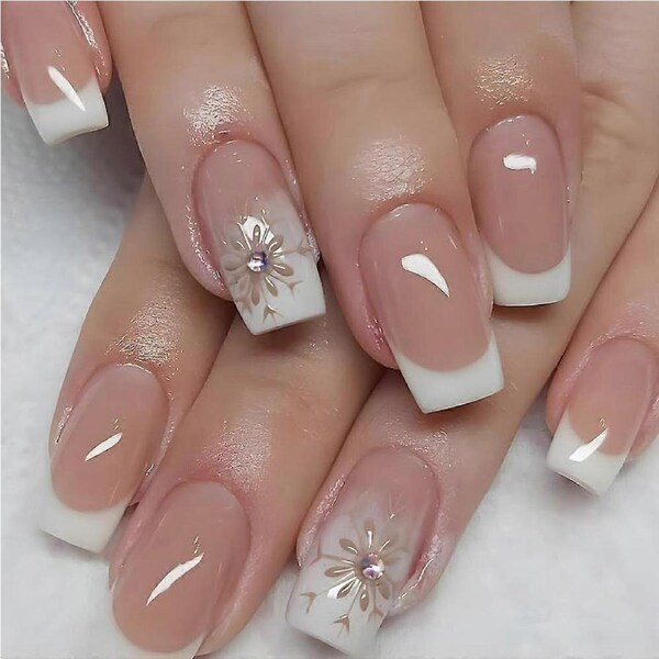 Short Square French Tip Press on Nails with Snowflake Design, Glossy Glue On Acrylic Nails for Women