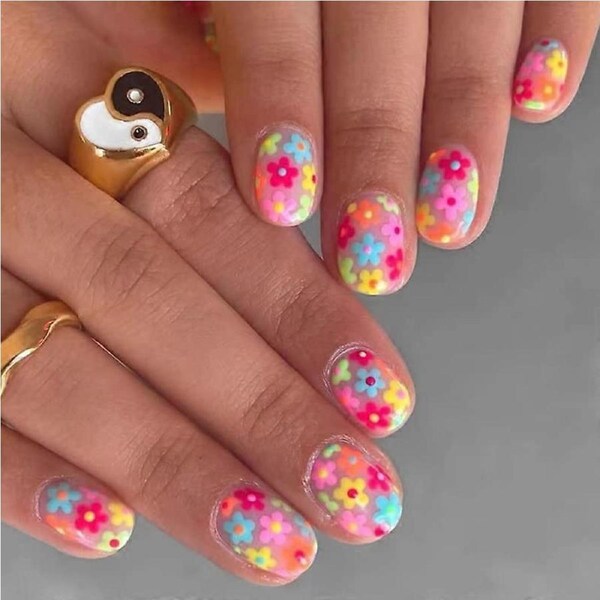 Floral Press On Nails Set, 24 Pcs Square Acrylic Fake Nails with Design, LongLasting Wear