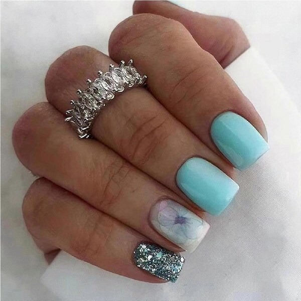 Blue Glitter Flower Short Press on Nails with Glue 24Pcs Durable Acrylic Fake Nails for Women