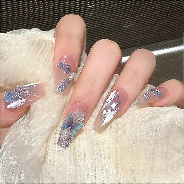 24 Pcs Press On Nails Kit Long Coffin Glitter Fake Nails with Butterfly and Flower Decorations