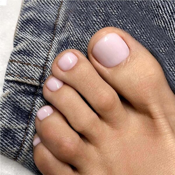Nude Pink Press On Toenails for Women, Short Square Acrylic Fake Toenails with Glue, 24pcs Set