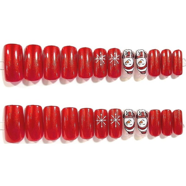 Christmas Press On Nails Festive Red Snowflake Medium Square Winter Artificial Nail Set 24 Pieces
